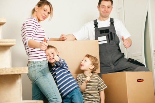 Office relocation service with boxes and furniture transport